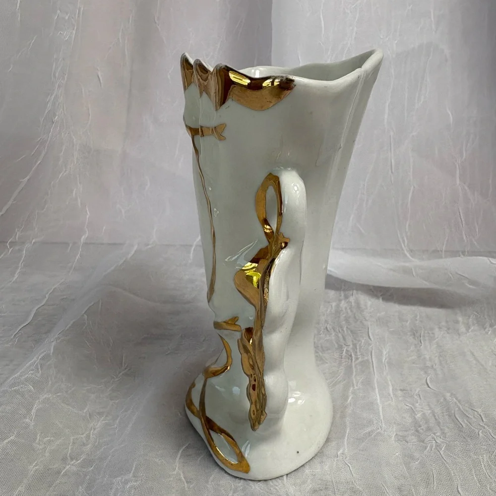 Antique Belgian White and Gold Porcelain Spill Vase-Preowned, No Chips or Cracks